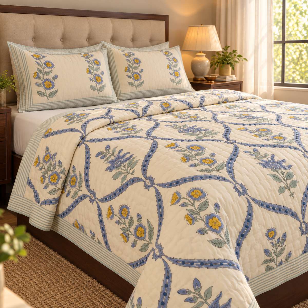 Blue Periwinkle Handblock Bedsheet + Quilt Combo Set (Beige Base)