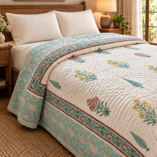 Madhumati Handblock Bedsheet + Quilt Combo Set