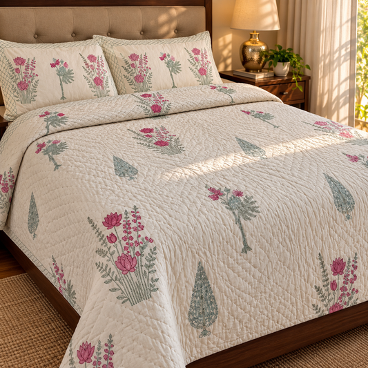 Green Ashoka Handblock Reversible Mulmul Cotton Quilt (Beige Base)