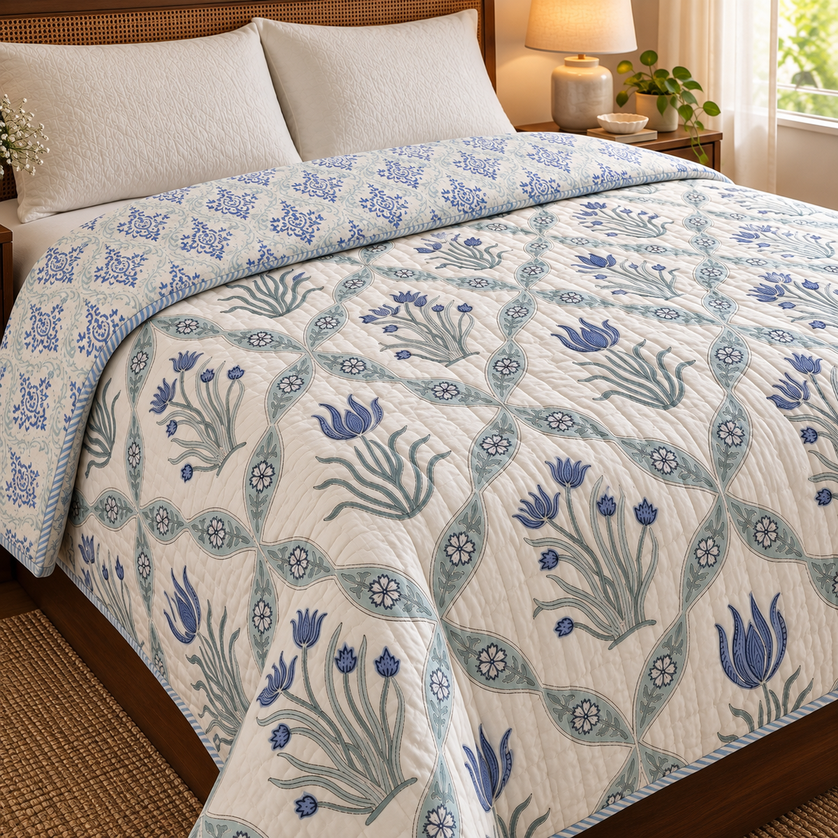 Blue Lotus Handblock Reversible Mulmul Cotton Quilt