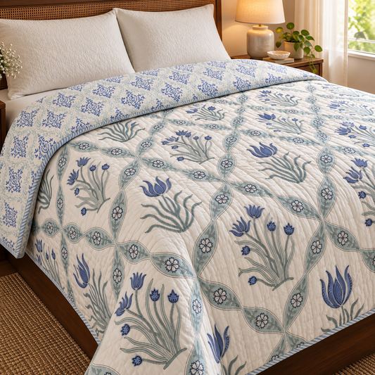 Blue Lotus Handblock Reversible Mulmul Cotton Quilt