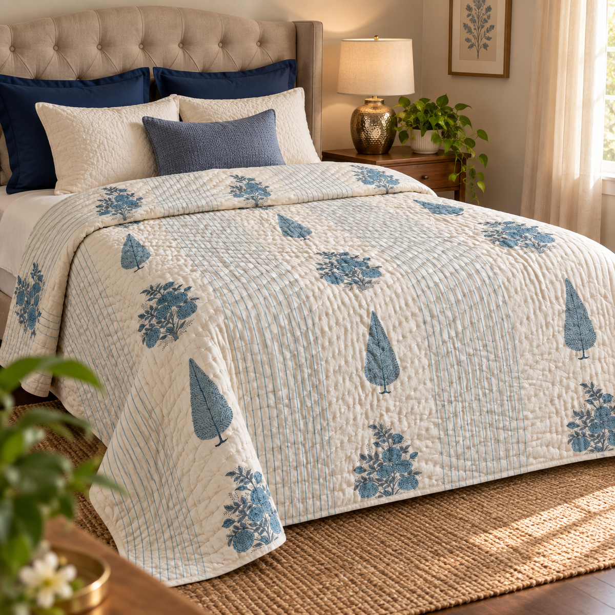 Blue Phool Boota Handblock Bedsheet +  Quilt Combo Set