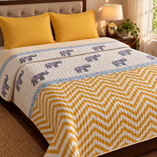 Yellow Chevron Elephant Handblock Reversible Mulmul Cotton Quilt
