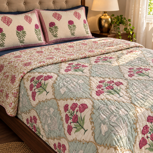 Green & Red Dahlia Handblock Reversible Mulmul Cotton Quilt