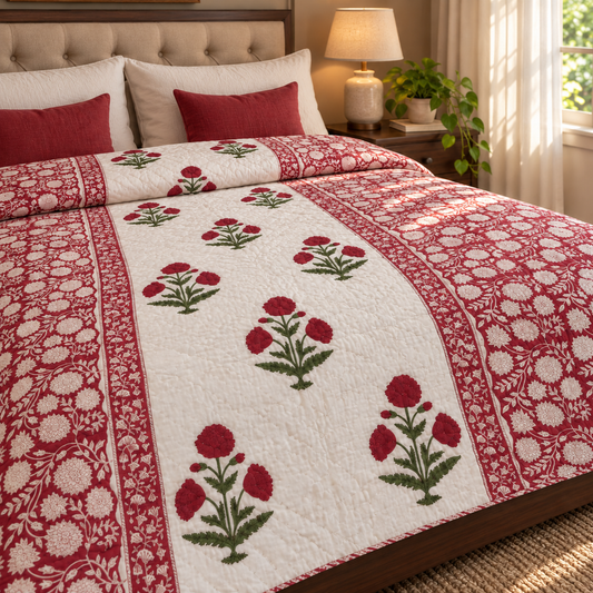 Red Dahlia Gadd Handblock Bedsheet + Quilt Combo Set