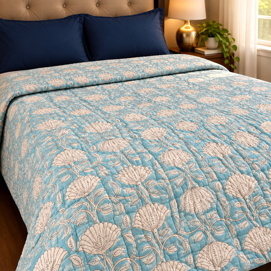 Sky Blue Floral Garden Handblock Reversible Mulmul Cotton Quilt