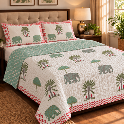 Green Elephant Handblock Bedsheet + Quilt Combo Set