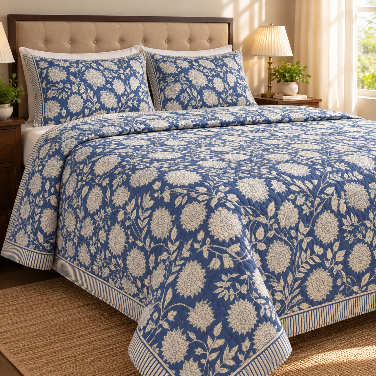 Blue Floral Garden Bedsheet + Quilt Combo Set