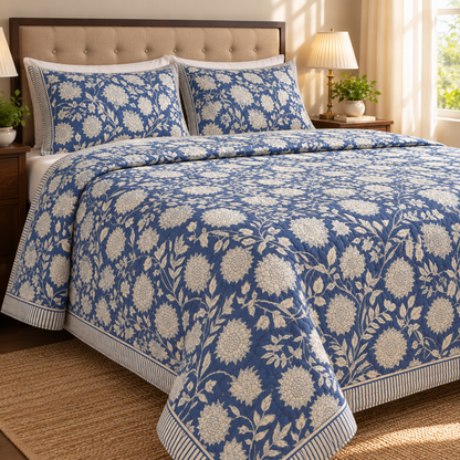 Blue Floral Garden Bedsheet + Quilt Combo Set