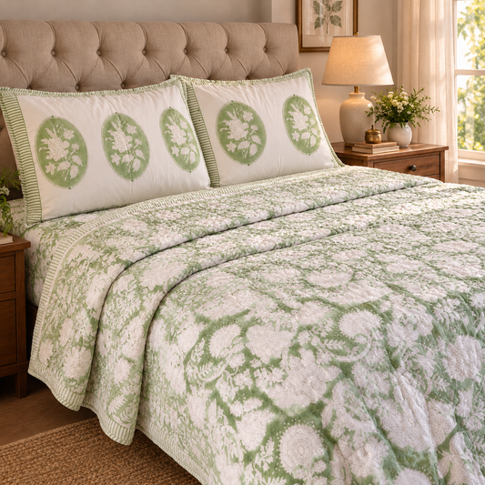Green Garden Handblock Reversible Mulmul Cotton Quilt