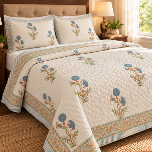 Blue Marigold Handblock Bedsheet + Quilt Combo Set