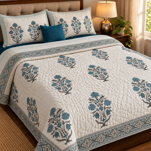 Teal Blue Dahlia Handblock Reversible Mulmul Cotton Quilt