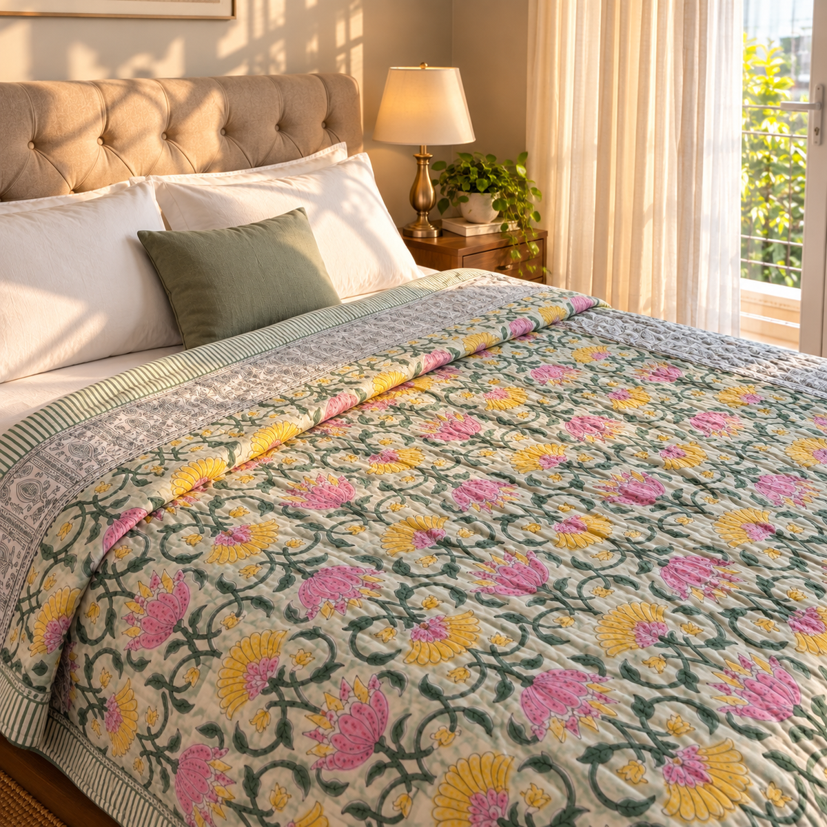 Pink & Yellow Lotus Handblock Bedsheet + Quilt Combo Set