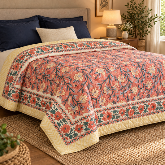 Dark Peach Floral Handblock Reversible Mulmul Cotton Quilt