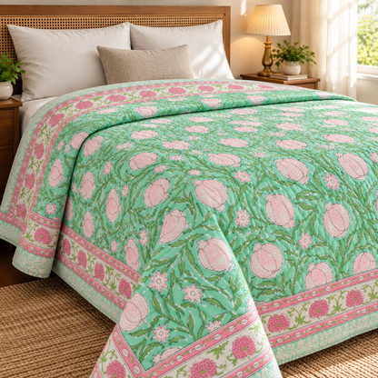 Anaar Baag Handblock Bedsheet + Quilt Combo Set