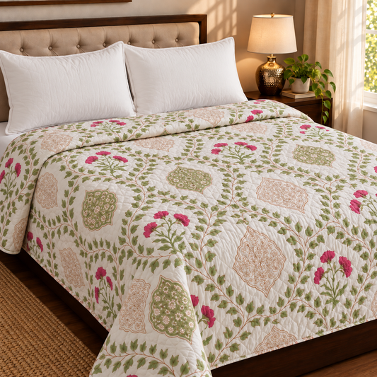 Red Poppy Handblock Bedsheet + Quilt Combo Set