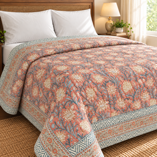 Light Peach Floral Handblock Reversible Mulmul Cotton Quilt