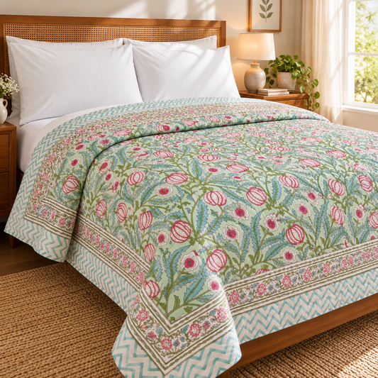 Red Anaar Handblock Bedsheet + Quilt Combo Set