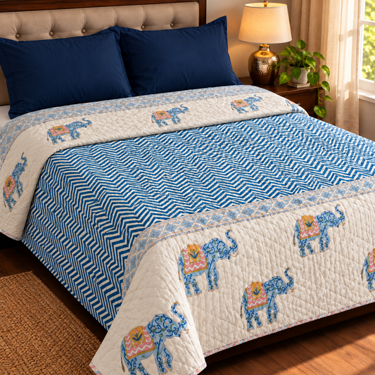 Blue Chevron Elephant Handblock Reversible Mulmul Cotton Quilt