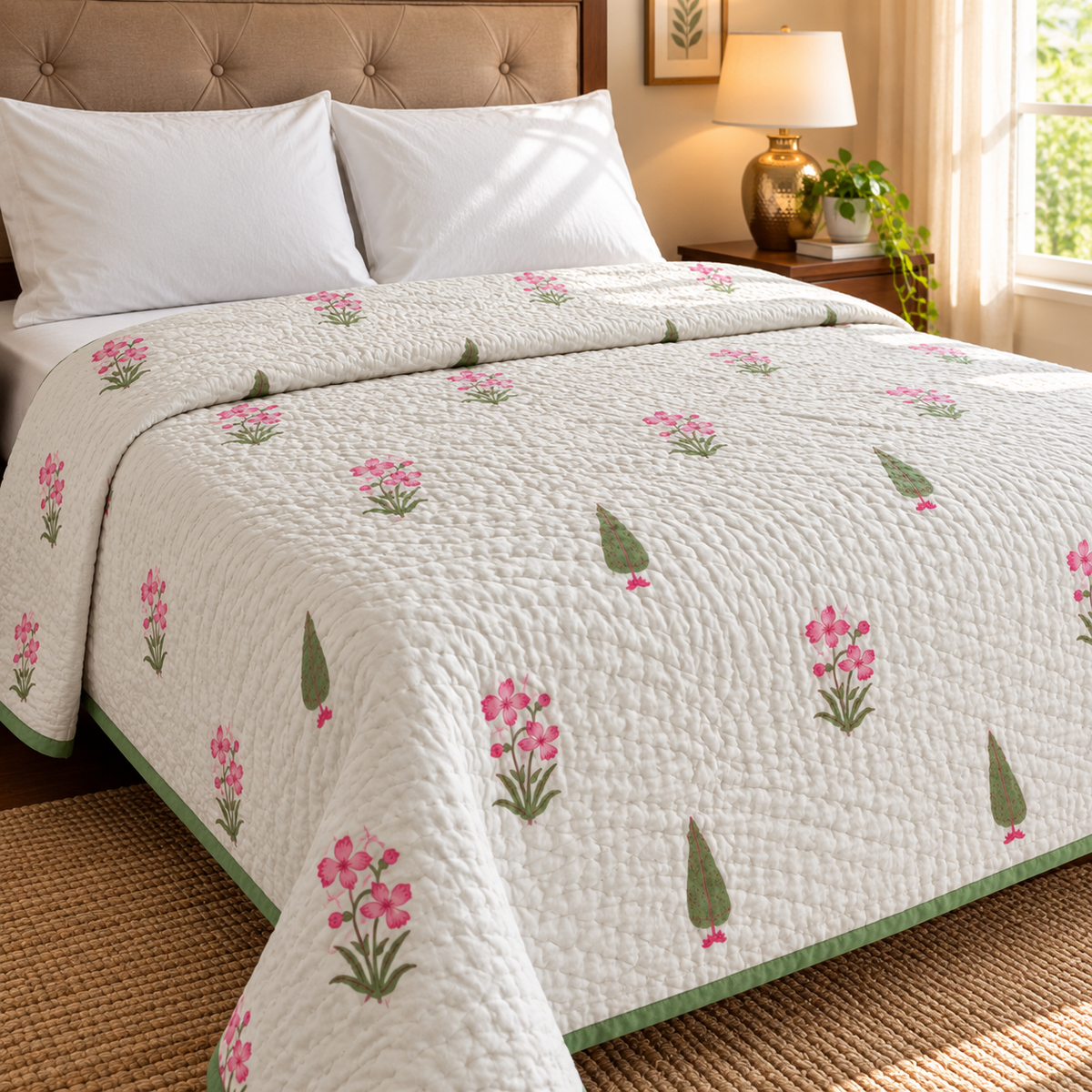 Pink Madhumati Handblock Bedsheet + Quilt Combo Set