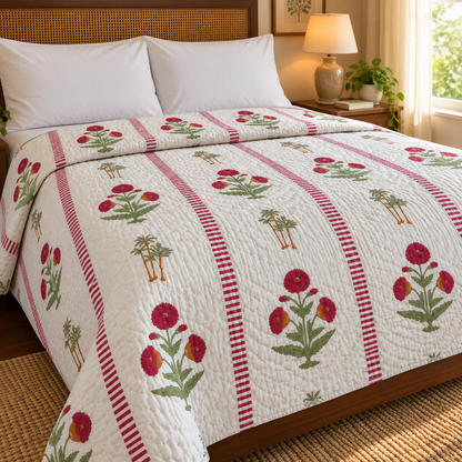 Red Dahlia Handblock Reversible Mulmul Cotton Quilt