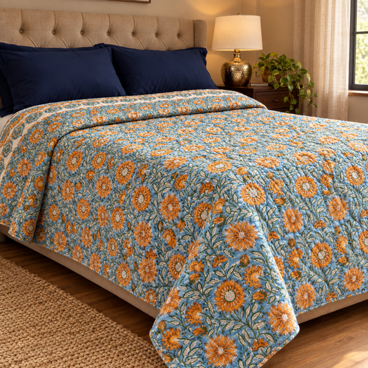 Blue & Yellow Floral Garden Handblock Reversible Mulmul Cotton Quilt