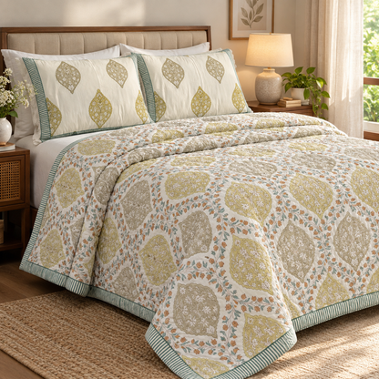 Green Jaal Handblock Bedsheet + Quilt Combo Set