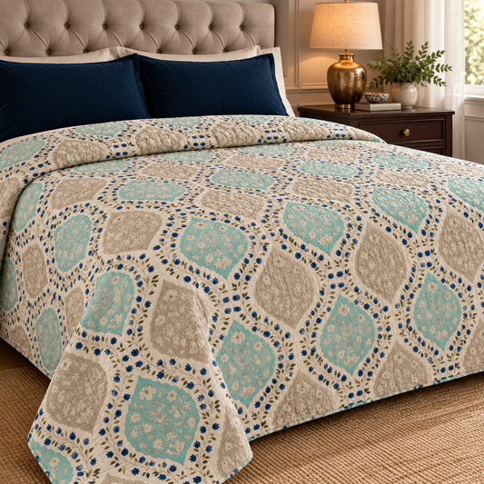 Blue Jaal Handblock Bedsheet + Quilt Combo Set