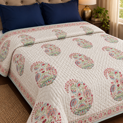 Pink Kairi Handblock Reversible Mulmul Cotton Quilt