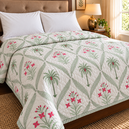 Green Palm Handblock Reversible Mulmul Cotton Quilt