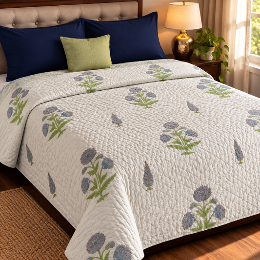 Blue Dahlia Handblock Bedsheet + Quilt Combo Set