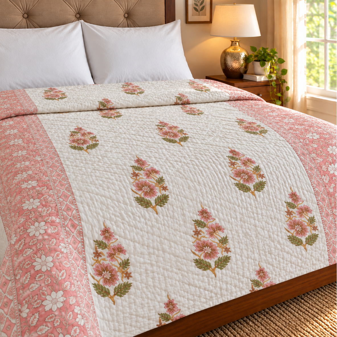Pinkish Peach Dahlia Handblock Bedsheet + Quilt Combo Set