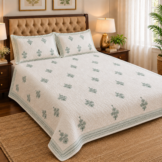 Sea Green Blossom Handblock Reversible Quilted Bedcover Set