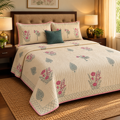 Green Ashoka Handblock Reversible Straight Quilted Bedcover Set (Beige Base)