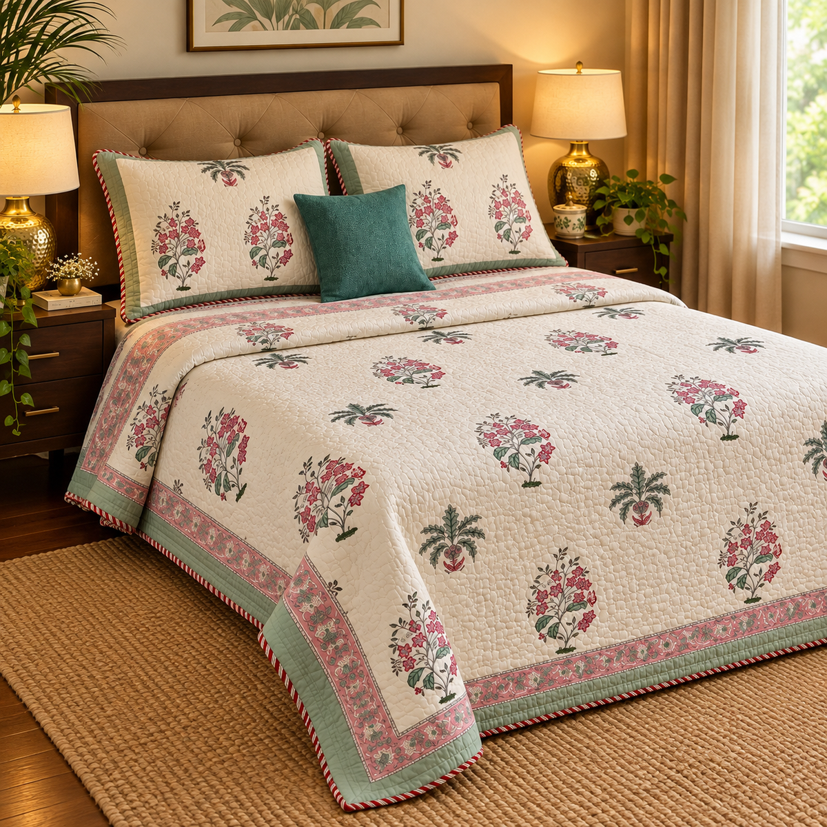 Pink Floral Green Palm Handblock Reversible Quilted Bedcover Set