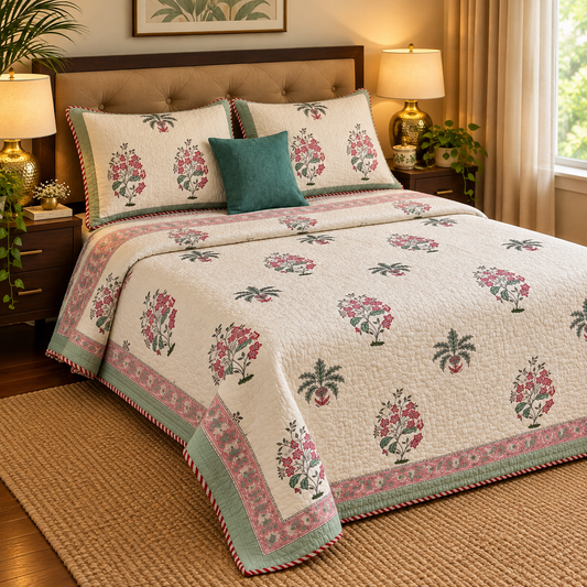 Pink Floral Green Palm Handblock Reversible Quilted Bedcover Set