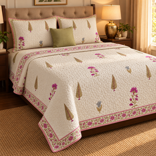 Dusty Mulberry Handblock Reversible Quilted Bedcover Set