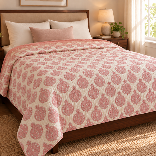 Pink Anaar Handblock Bedsheet + Quilt Combo Set