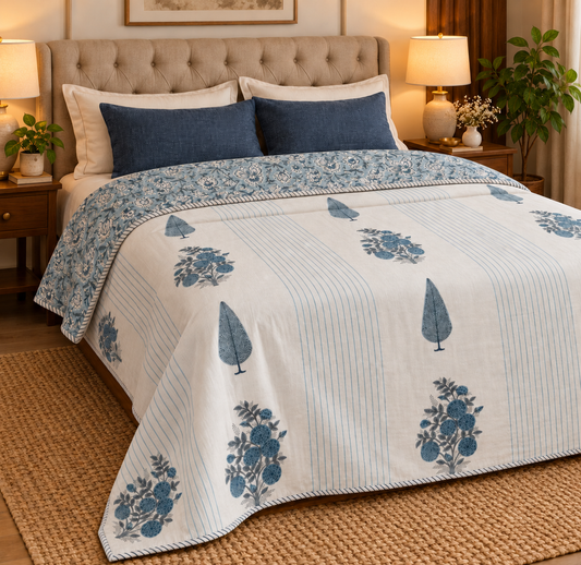 Blue Phool Boota Handblock Mulmul Cotton Reversible Dohar