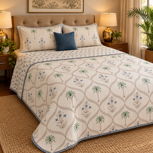 Blue Floral Palm Jaal Handblock Mulmul Cotton Reversible Dohar