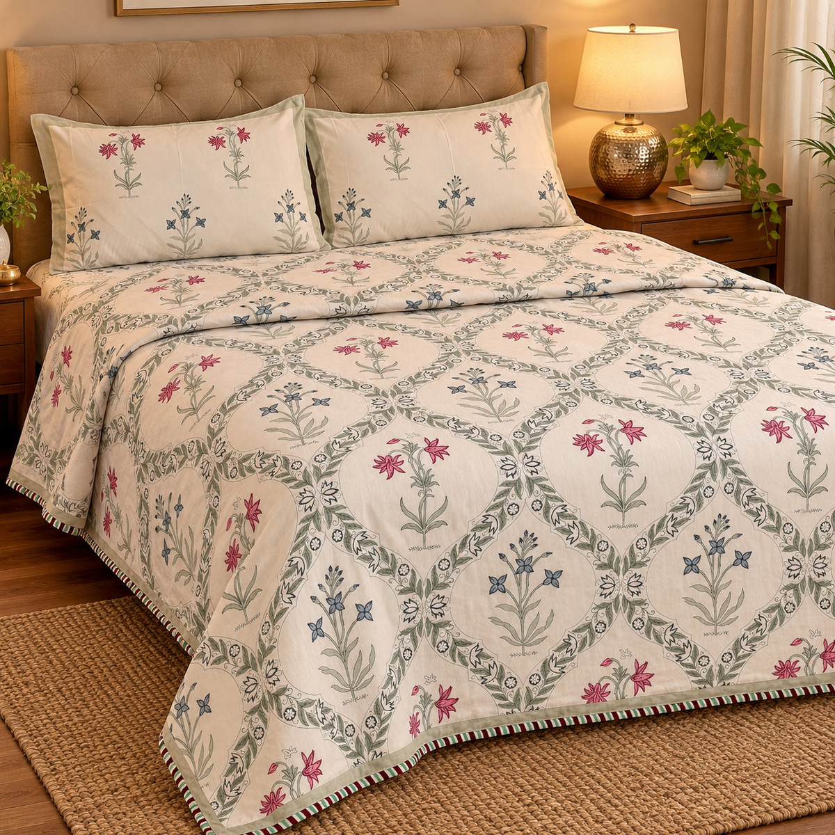 Pink Blue Floral Jaal Handblock Mulmul Cotton Reversible Dohar