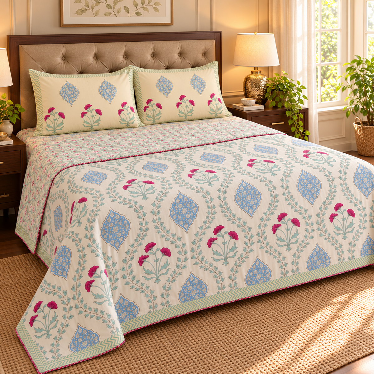 Pink Poppy Handblock Bedsheet + Dohar Combo Set (Light Beige Base)