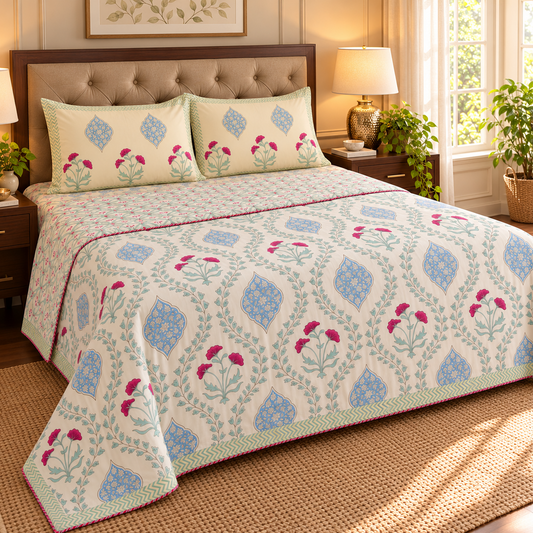 Pink Poppy Jaal Handblock Mulmul Cotton Reversible Dohar (Light Beige Base)