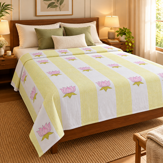 Pichwai Lotus Handblock Bedsheet + Dohar Combo Set