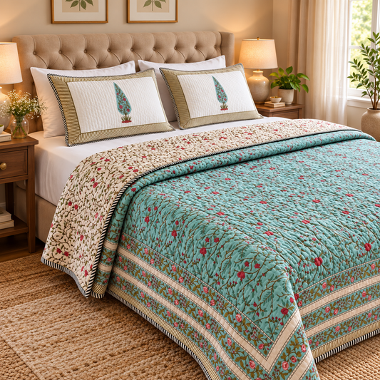 Gulab Jaal Handblock Reversible Quilted Bedcover Set