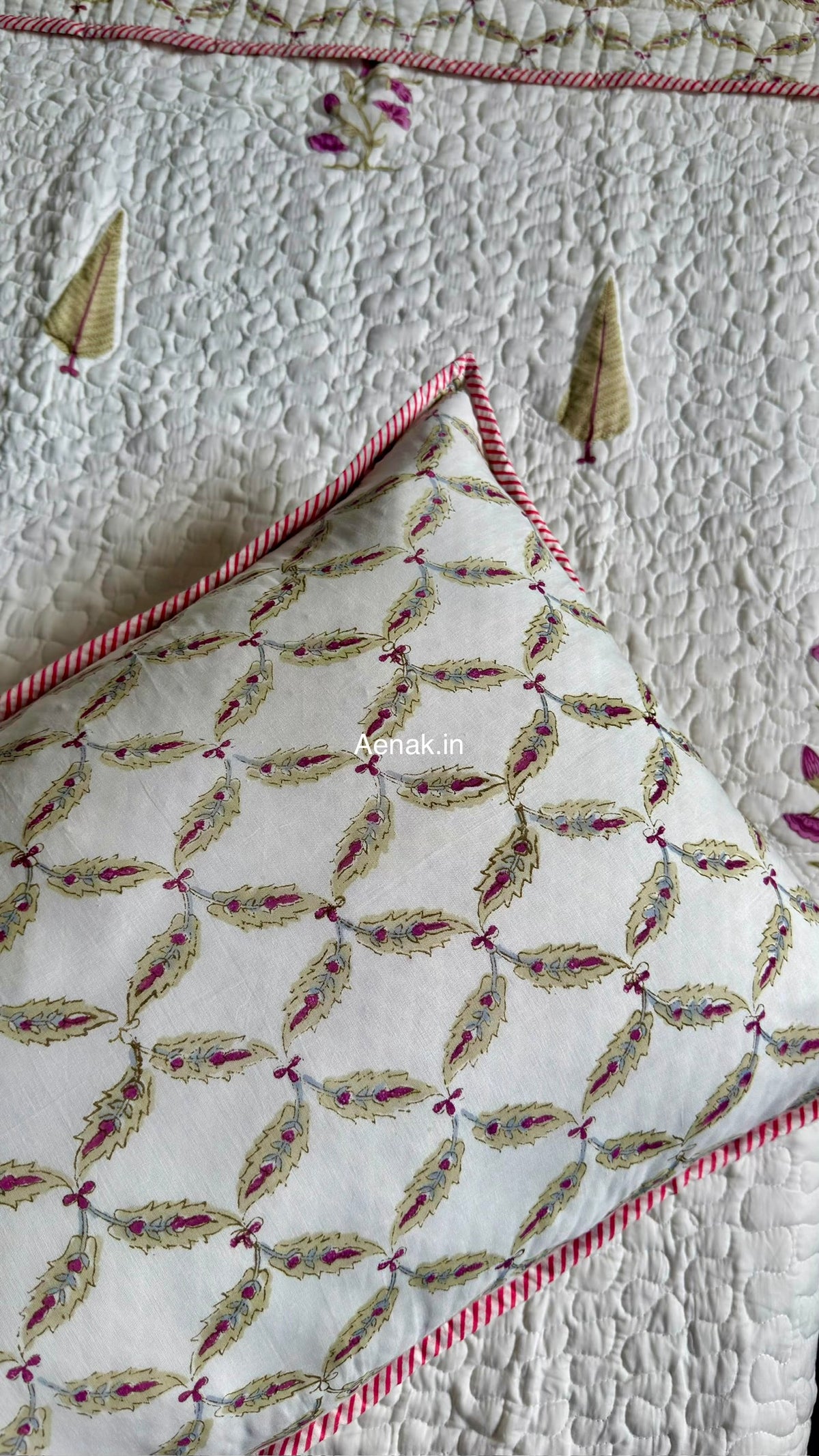 Dusty Mulberry Handblock Bedsheet + Quilted Bedcover Combo (Ivory White)