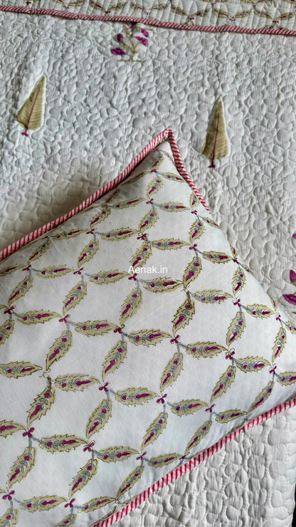 Dusty Mulberry Handblock Bedsheet + Quilted Bedcover Combo (Ivory White)
