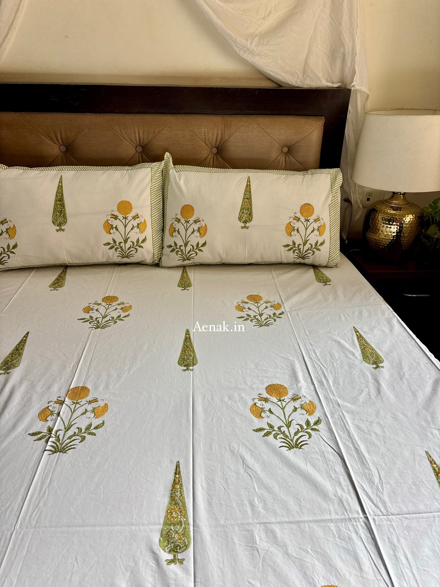 Yellow Dahlia Handblock Bedsheet + Quilt Combo Set