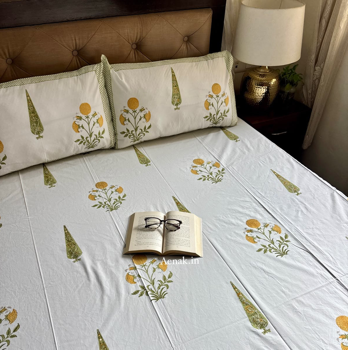 Yellow Dahlia Handblock Bedsheet + Quilt Combo Set