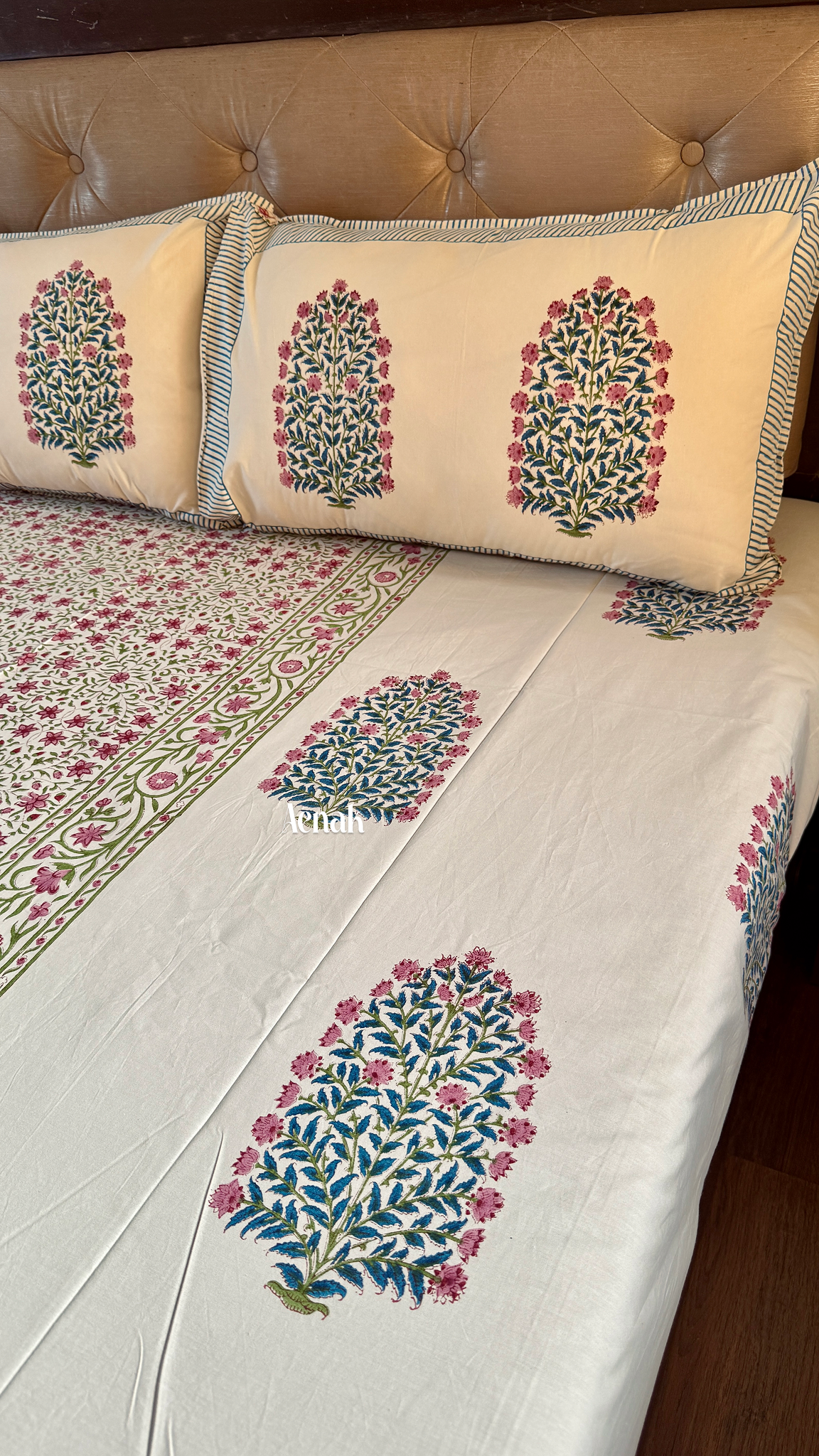 Beige and dark pink Jaipuri style handblock bedsheet for elegant bedroom styling by Aenak
